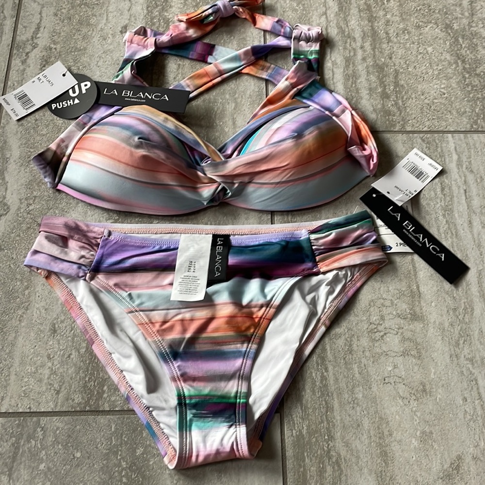 La Blanca Multi Color Two Piece Swimsuit Push Up Top & Shirred Bottom Sz 8